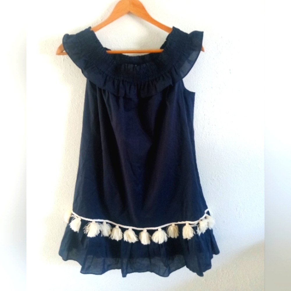 MISA Los Angeles 'GIA' Off Shoulder Navy Blue Tasseled Mini Dress | S - Picture 3 of 7
